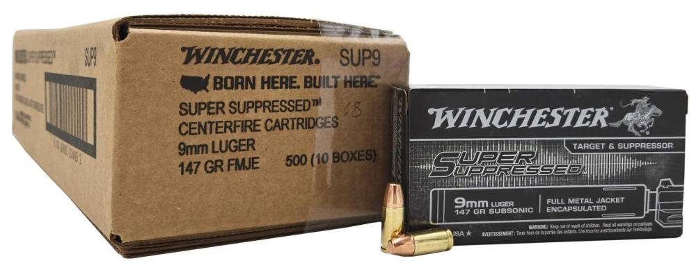 Winchester Ammo SUP9 Super Suppressed Subsonic 9mm Luger Subsonic 147 gr Full Metal Jacket (FMJ) Ammunition 500rd Case - $188.88 + Free Shipping